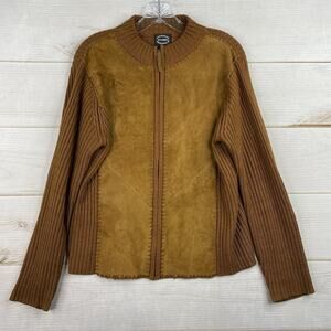 Designers Originals Zip Cardigan Sweater Sz M Brown Leather /Knit 80s Biker